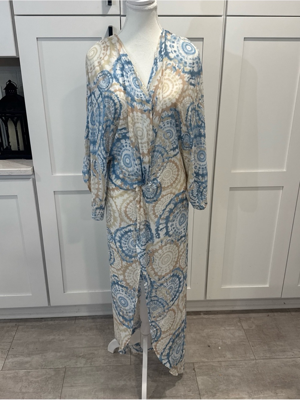 Surf Gypsy Blue and Beige Tie-Front Maxi Coverup